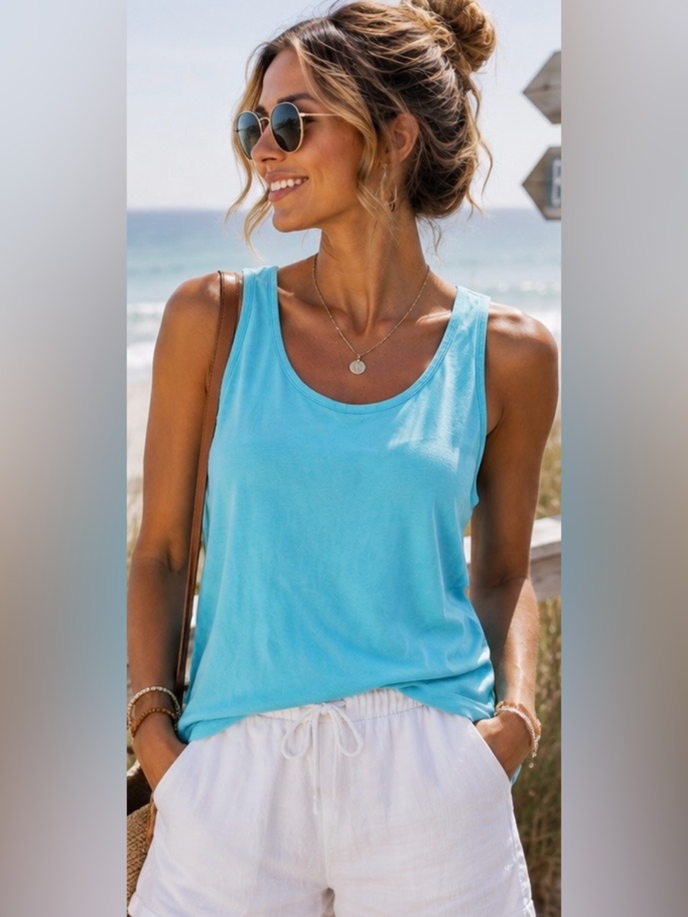 Hanes Aqua Blue 100% Cotton Sleeveless Tank Top Soft Layering Basic USA Made, L